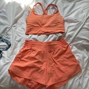 Lululemon Sunny Coral Longline Energy Bra & Track That high rise shorts set